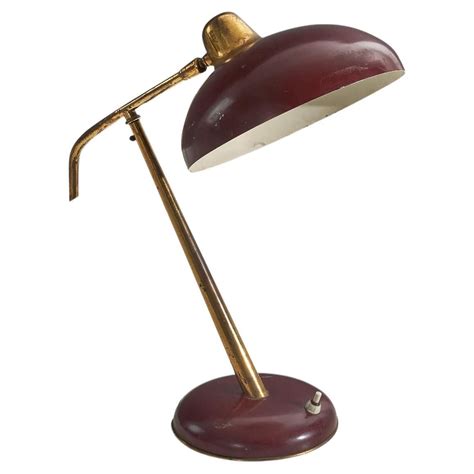 Vintage Swedish Brass With Red Metal Shade Table Lamp, 1950s.